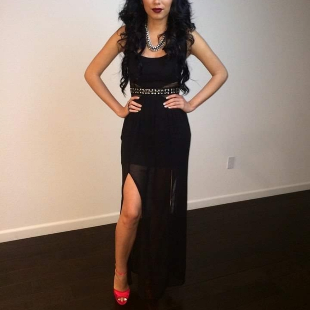 Mesh double slit maxi chiffon dress